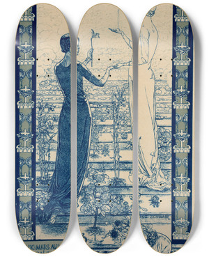 Triptych art skateboard deck of Carlos Schwabe Salon De La Rose Croix by Carlos Schwabe (1866-1927)