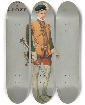 Triptych art skateboard deck of Pipein Gamba Gentiluomo Cacciatore Corista_1 by Pipein Gamba (1868-1954)