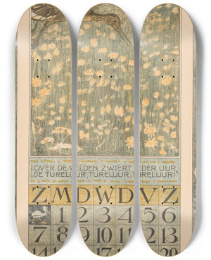 Triptych art skateboard deck of Theo Van Hoytema Kalenderblad Juli Met Tureluur_1 by Theo Van Hoytema (1863-1917)