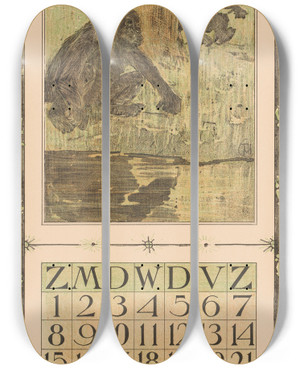 Triptych art skateboard deck of Theo Van Hoytema Kalenderblad Juli Met Apen by Theo Van Hoytema (1863-1917)