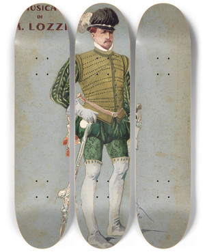 Triptych art skateboard deck of Pipein Gamba Gentiluomo Cacciatore Corista_2 by Pipein Gamba (1868-1954)