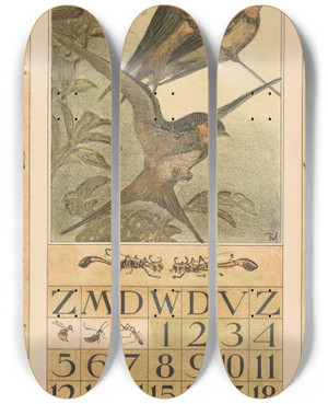 Triptych art skateboard deck of Theo Van Hoytema Kalenderblad Juni Met Zwaluwen by Theo Van Hoytema (1863-1917)