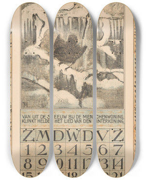 Triptych art skateboard deck of Theo Van Hoytema Kalenderblad December Met Winterkoninkje_1 by Theo Van Hoytema (1863-1917)