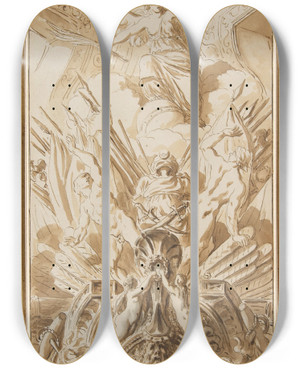 Triptych art skateboard deck of Pierre Lelu Corner Of The Ambassadors Staircase At Versailles by Pierre Lelu (1741-1810)