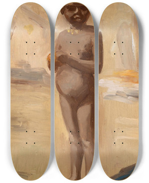 Triptych art skateboard deck of Leopold Carl Mller Mdchen Mit Orange In Kairo by Leopold Carl Muller (1834-1892)