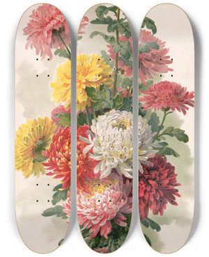 Triptych art skateboard deck of Paul De Longpre Chrysanthemums by Paul de Longpre (1855-1911)