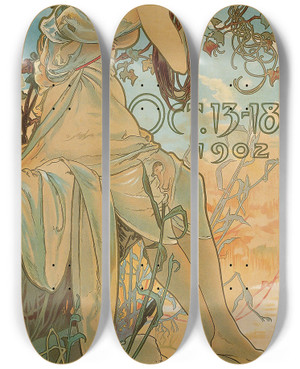 Triptych art skateboard deck of Alphonse Mucha Carriage Dealers by Alphonse Mucha (1860-1939)