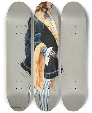 Triptych art skateboard deck of Plinio Codognato A Man Standing In A Blue Doublet And Hose In Profile by Plinio Codognato (1878-1940)