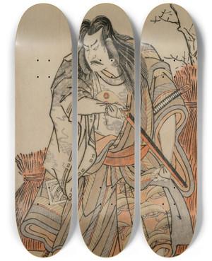 Triptych art skateboard deck of Katsukawa Shunsh Nakajima Kanzaemon As A Lord Disguised As A Hunter With A Rifle by Katsukawa Shunsho (1726-1792)