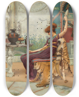 Triptych art skateboard deck of John William Godward Winding Wool In A Pompeian Garden by John William Godward (1861-1922)