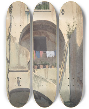 Triptych art skateboard deck of Thomas Hartley Cromek A House At Sorrento by Thomas Hartley Cromek (1809-1873)