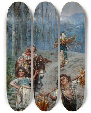 Triptych art skateboard deck of Vincenzo Irolli Harvest Time by Vincenzo Irolli (1860-1949)