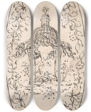Triptych art skateboard deck of Hubertfranois Gravelot Design For A Navette by Hubert-Franois Gravelot (1699-1773)