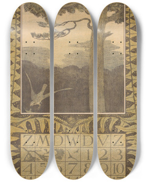 Triptych art skateboard deck of Theo Van Hoytema Kalenderblad September Met Boom En Valk by Theo Van Hoytema (1863-1917)