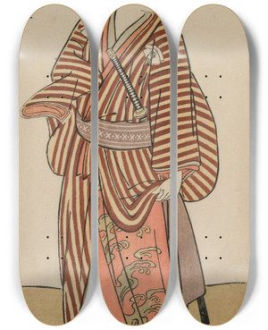 Triptych art skateboard deck of Katsukawa Shunsh Onoe Matsusuke As A Townsman In A Striped Robe by Katsukawa Shunsho (1726-1792)