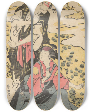 Triptych art skateboard deck of Katsukawa Shunch Man Standing And Women Seated by Katsukawa Shuncho (1783-1795)