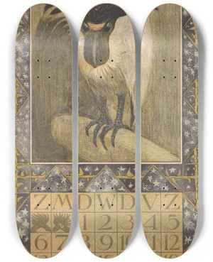 Triptych art skateboard deck of Theo Van Hoytema Kalenderblad November Met Een Schuitbekreiger by Theo Van Hoytema (1863-1917)