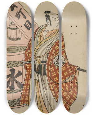 Triptych art skateboard deck of Torii Kiyomitsu Matsumoto Koshiro Iv As A Townsman Standing Beside A Water Barrel by Torii Kiyomitsu (1735-1785)