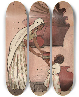 Triptych art skateboard deck of Helen Hyde A Mexican Rebecca by Helen Hyde (1868-1919)