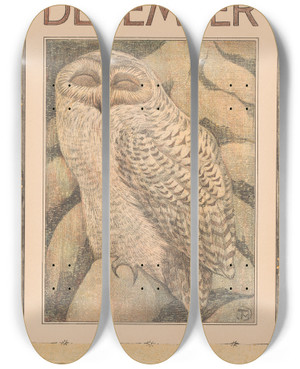 Triptych art skateboard deck of Theo Van Hoytema Kalenderblad December Met Sneeuwuil by Theo Van Hoytema (1863-1917)