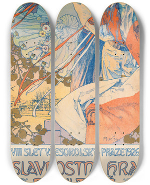 Triptych art skateboard deck of Alphonse Mucha Poster For The Sokol Festival In Prague by Alphonse Mucha (1860-1939)