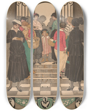 Triptych art skateboard deck of Burkhard Mangold Basler Konsumgesellschaft by Burkhard Mangold (1873-1950)
