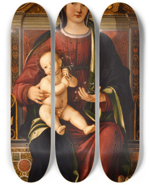 Triptych art skateboard deck of Cristoforo Caselli The Virgin And Child Enthroned With Two Musician Angels by Cristoforo Caselli (1460-1521)