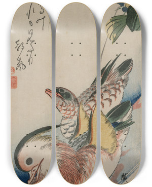 Triptych art skateboard deck of And Hiroshige Mandarin Ducks And Flowering Plants by Ando Hiroshige (1797-1858)
