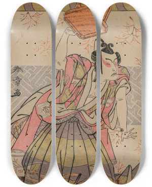 Triptych art skateboard deck of Katsukawa Shunsh The Actor Ichikawa Raizo As Soga No Goro by Katsukawa Shunsho (1726-1792)