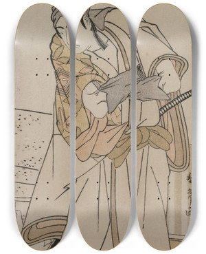 Triptych art skateboard deck of Katsukawa Shunj Ichikawa Monnosuke Ii Standing Beside A Stone Box by Katsukawa Shunjo (1787)