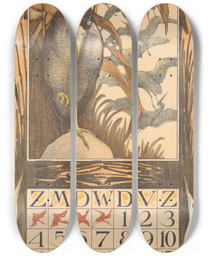 Triptych art skateboard deck of Theo Van Hoytema Kalenderblad Oktober Met Vogel Op Een Poot by Theo Van Hoytema (1863-1917)