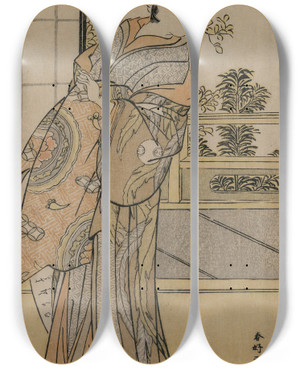Triptych art skateboard deck of Katsukawa Shunk Arashi Murajiro As A Courtesan Holding A Letter by Katsukawa Shunko (1743-1812)