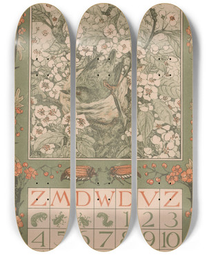 Triptych art skateboard deck of Theo Van Hoytema Kalenderblad Mei Met Vogel Tussen Bloesem by Theo Van Hoytema (1863-1917)