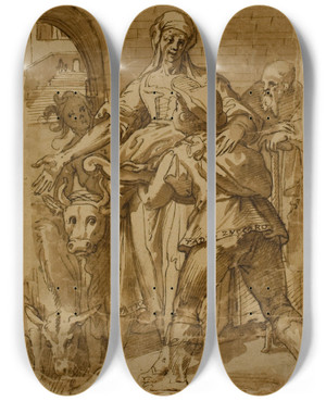 Triptych art skateboard deck of After Federico Zuccaro Taddeo Zuccaro At The Entrance To Rome Greeted By Servitude Hardship And Toil by After Federico Zuccaro (1541-1609)