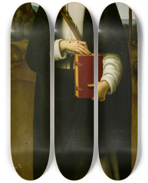 Triptych art skateboard deck of Giovanni Di Pietro Saint Catherine Of Siena by Giovanni di Pietro (1529)