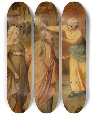 Triptych art skateboard deck of Jan Massijs Mary And Joseph Find No Lodgings In Bethlehem by Jan Massijs (1510-1575)