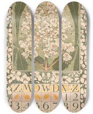 Triptych art skateboard deck of Theo Van Hoytema Kalenderblad Mei Met Kastanjebloesem by Theo Van Hoytema (1863-1917)