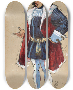Triptych art skateboard deck of Plinio Codognato A Man Stands With A Finger Pointed Wearing A Red Hat Blue Doublet And Hose And A Red Overgarment by Plinio Codognato (1878-1940)