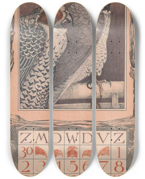 Triptych art skateboard deck of Theo Van Hoytema Kalenderblad November Met Twee Valken by Theo Van Hoytema (1863-1917)