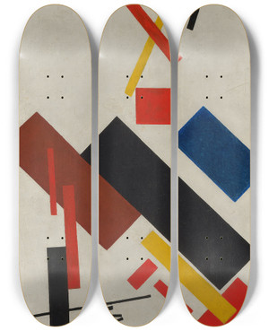 Triptych art skateboard deck of Kazimir Malevich House Under Construction by Kazimir Malevich (1879-1935)