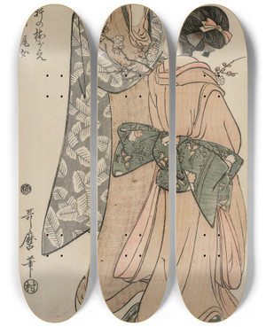 Triptych art skateboard deck of Kitagawa Utamaro Mother Lifting A Child To A Plum Tree From The Series Chinese And Japanese Poems By Seven Year Old Girls Of Recent Times by Kitagawa Utamaro (1753-1806)
