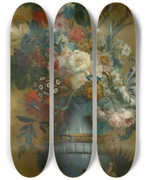 Triptych art skateboard deck of Willem Van Leen Flowers In A Blue Vase by Willem van Leen (1753-1825)