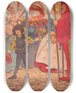 Triptych art skateboard deck of Florence Harrison Part 4 Of The Tale Of Topply Tilts by Florence Harrison (1877-1955)