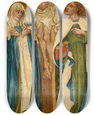 Triptych art skateboard deck of Meister Des Friedrichsaltars Christus Am Kreuz Zwischen Den Assistenzfiguren Maria Und Johannes by Meister Des Friedrichsaltars (1440-1460)