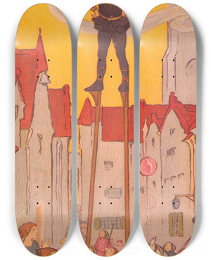 Triptych art skateboard deck of Florence Harrison Part 1 Of The Tale Of Topply Tilts by Florence Harrison (1877-1955)