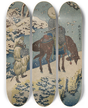 Triptych art skateboard deck of Katsushika Hokusai Two Travelers One On Horseback On A Precipice Or Natural Bridge During A Snowstorm by Katsushika Hokusai (1760-1849)
