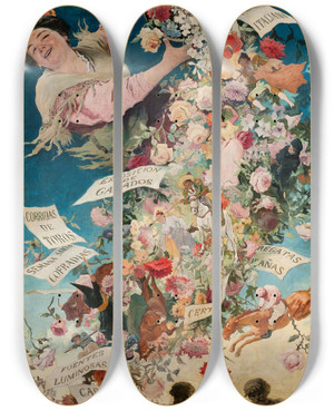 Triptych art skateboard deck of Jos Jimnez Y Aranda Spring In Seville by Jose Jimenez Y Aranda (1837-1903)