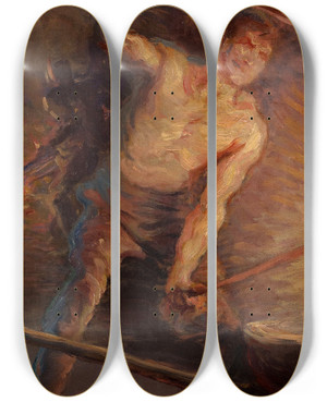 Triptych art skateboard deck of Jean Andr Rixens Le Feu by Jean Andre Rixens (1846-1925)