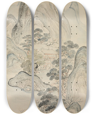 Triptych art skateboard deck of Ike Taiga Spring Landscape by Ike Taiga (1723-1776)