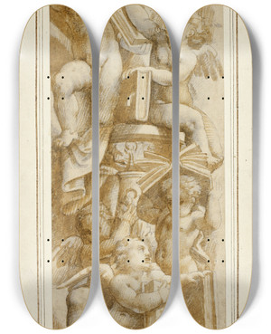 Triptych art skateboard deck of After Bernardino Gatti Five Putti With Books by After Bernardino Gatti (1495-1575)